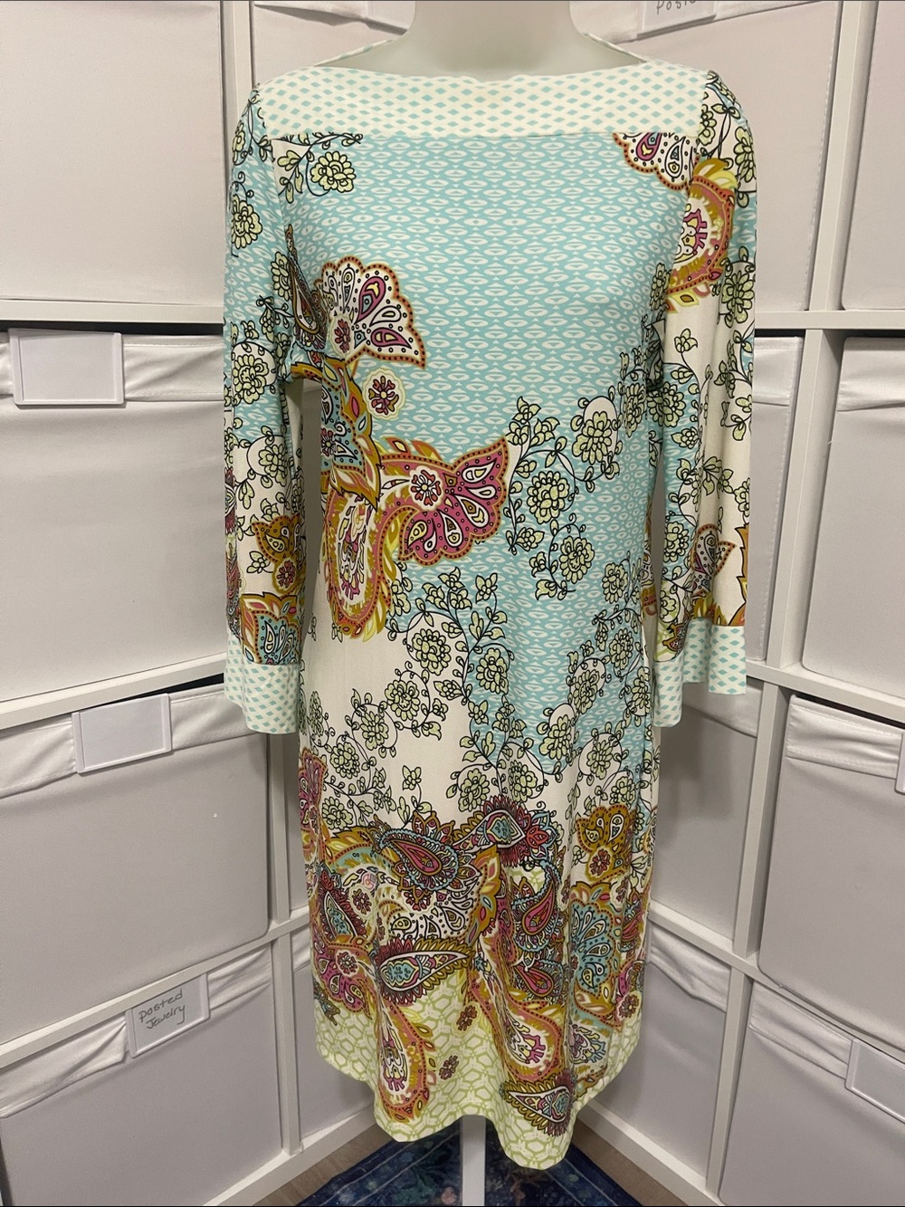 Cocomo Light Aqua Paisley quater length flare Sleeve Dress